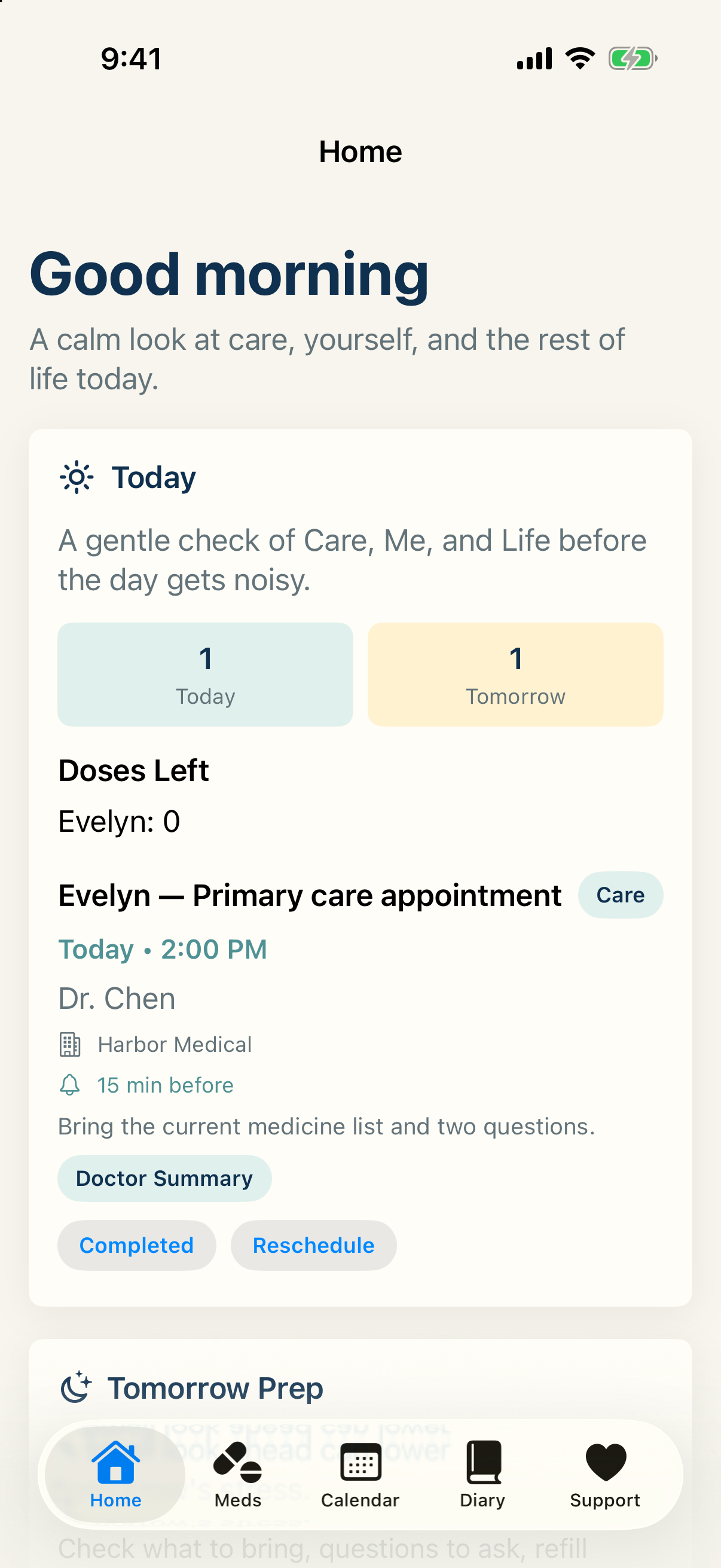 Lighthouse Build 7 Home screen showing one appointment today and one item tomorrow