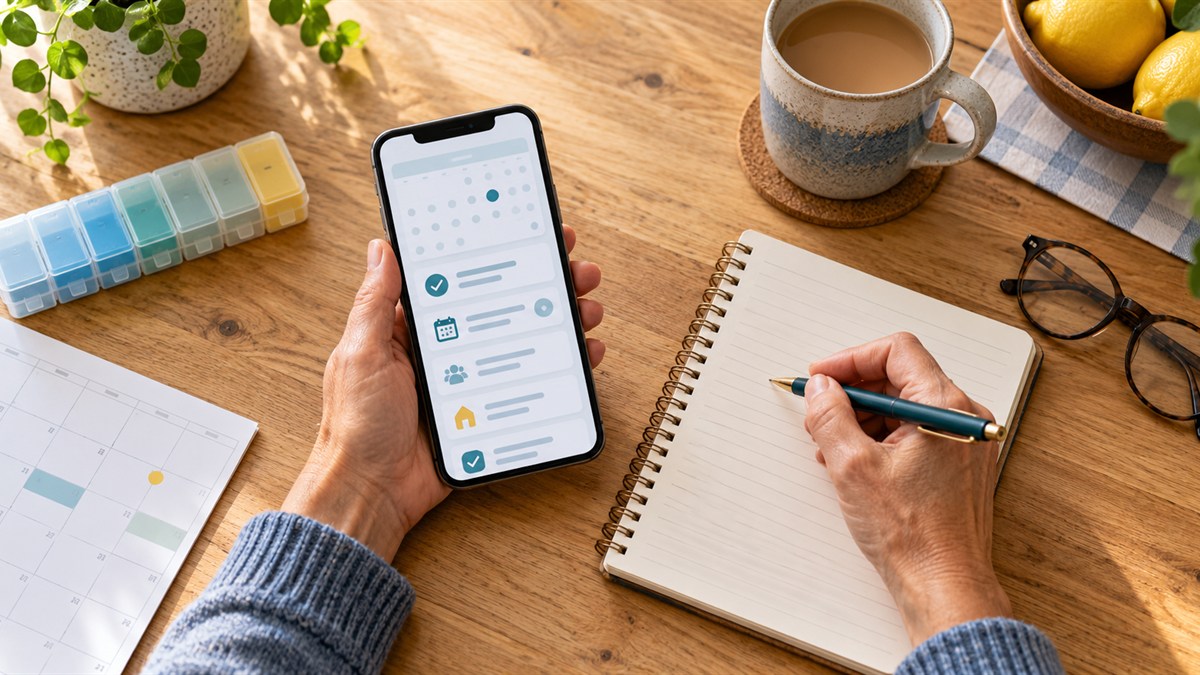 An adult caregiver uses a smartphone beside a notebook, calendar, medication organizer, glasses, and mug on a sunlit kitchen table.