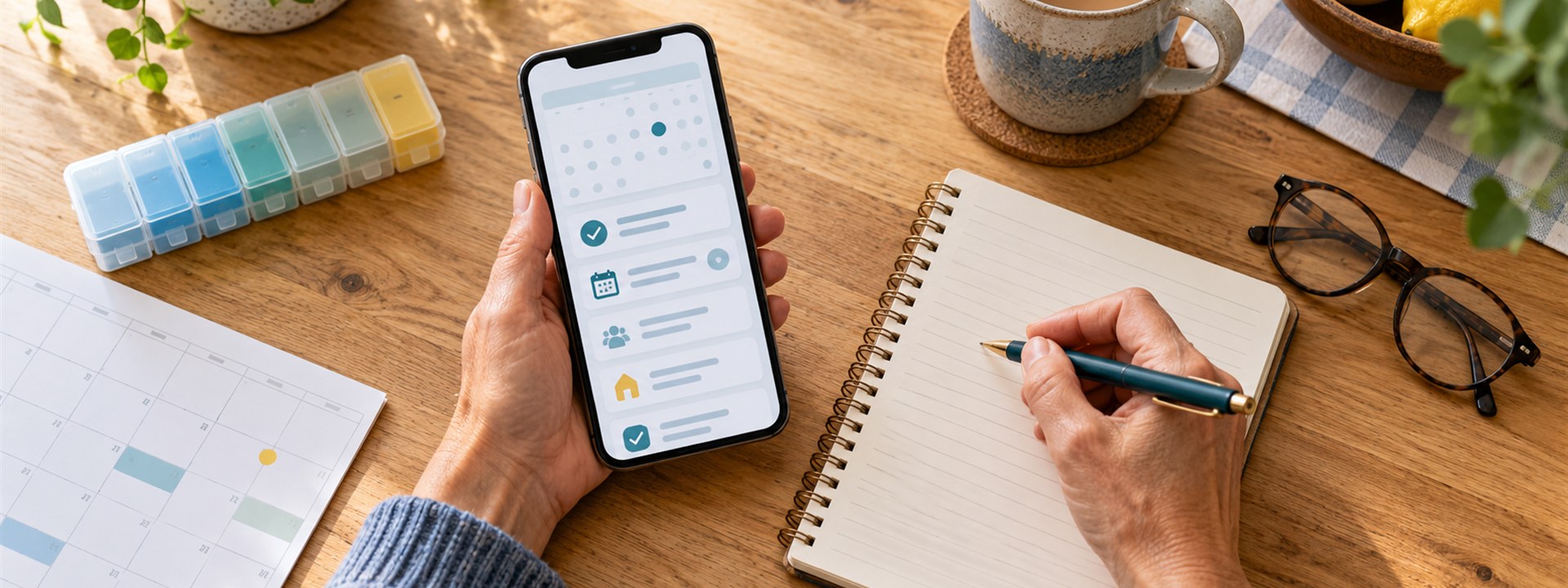 An adult caregiver uses a smartphone beside a notebook, calendar, medication organizer, glasses, and mug on a sunlit kitchen table.