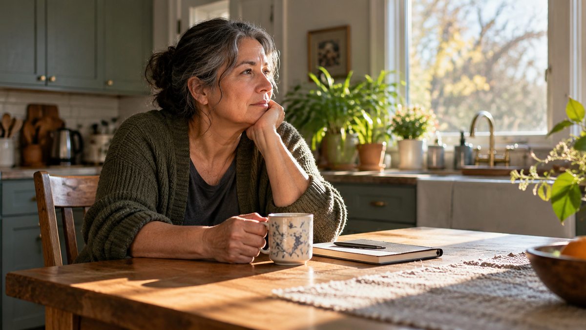 A caregiver sits quietly at a kitchen table with a mug and notebook in warm early-morning light.