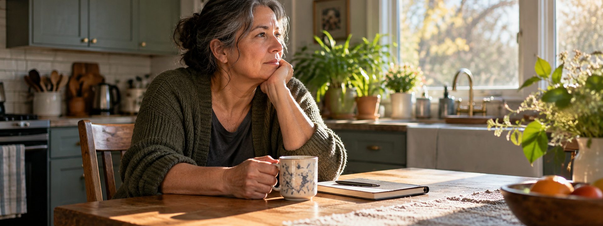A caregiver sits quietly at a kitchen table with a mug and notebook in warm early-morning light.