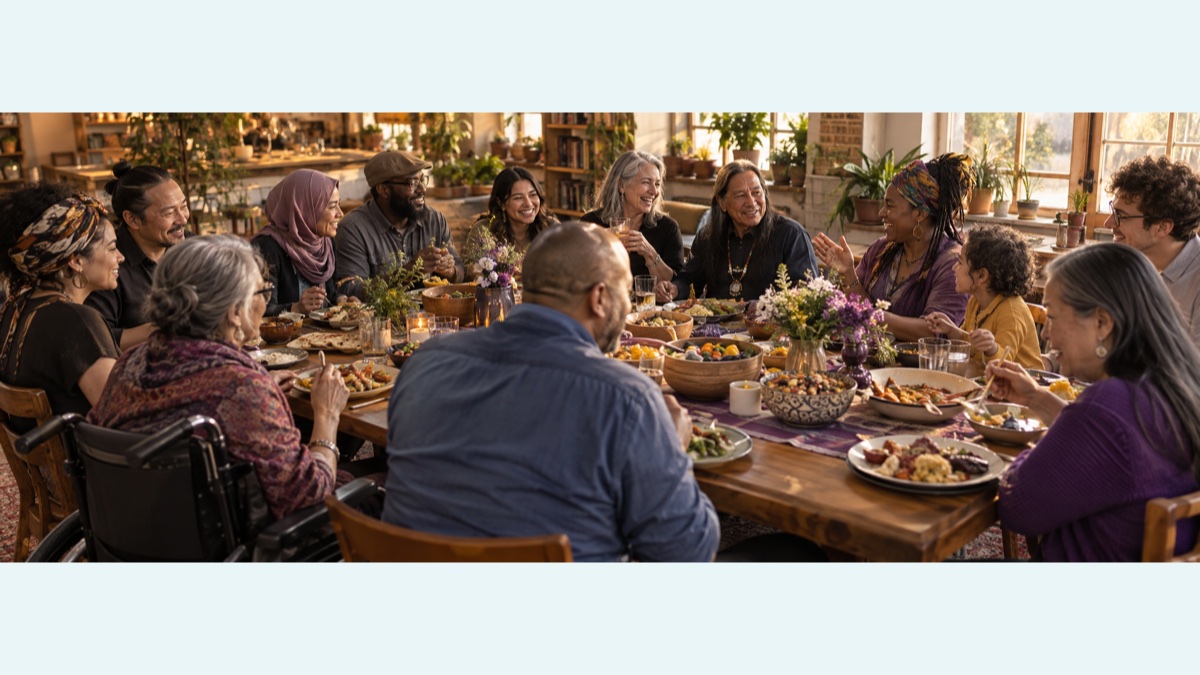 A diverse, multigenerational group of adults and a child share a meal and conversation around a long table in a warm, sunlit room; one older adult uses a wheelchair.