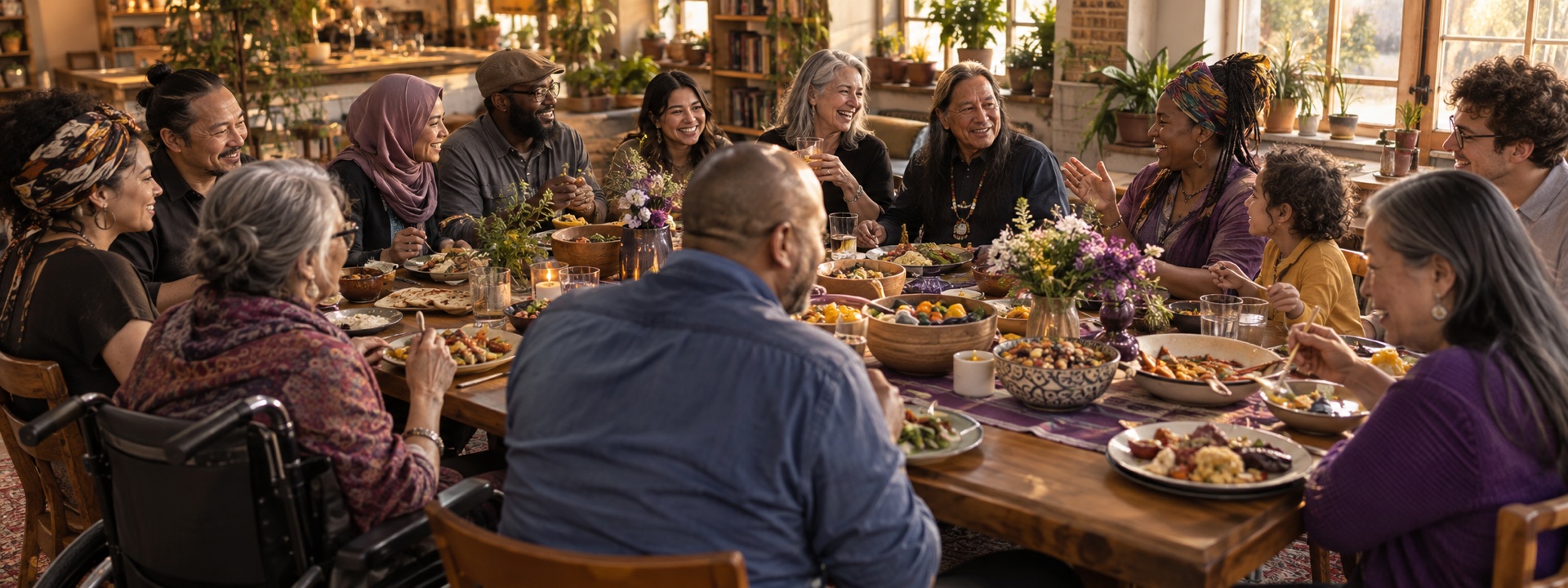 A diverse, multigenerational group of adults and a child share a meal and conversation around a long table in a warm, sunlit room; one older adult uses a wheelchair.