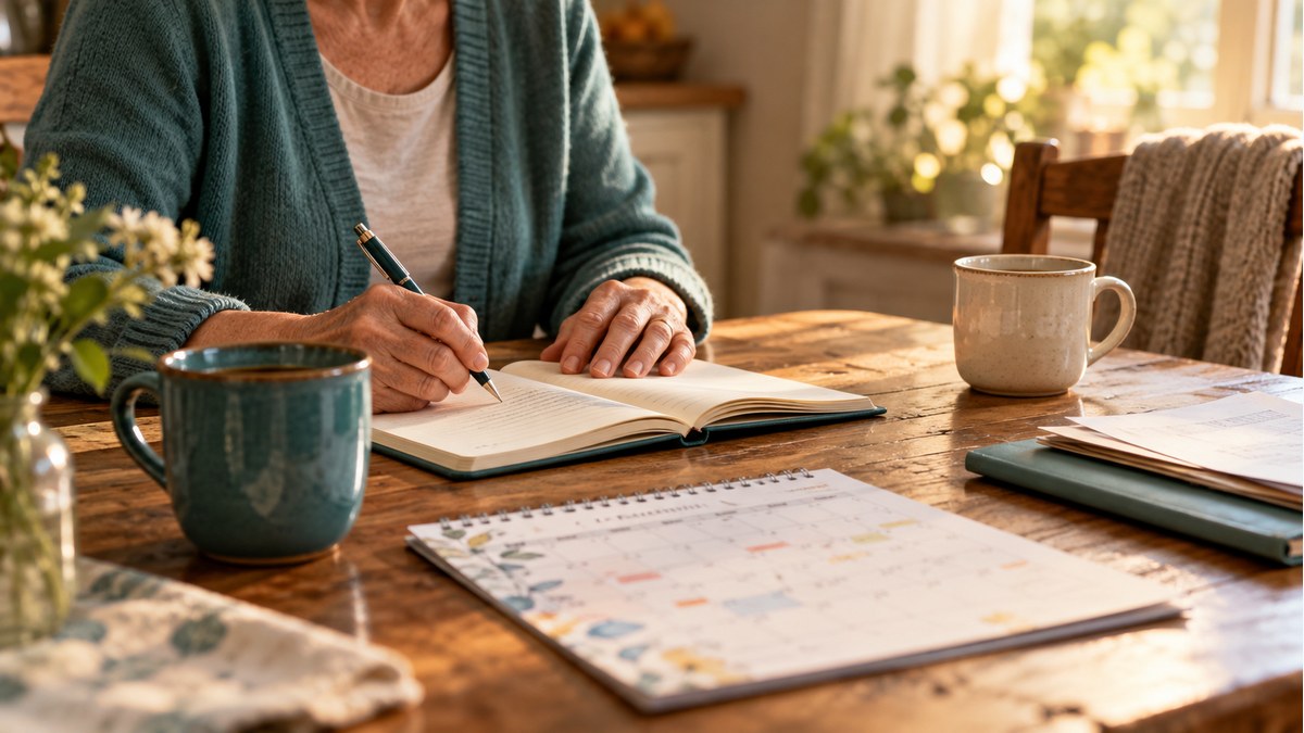 A caregiver writes in a notebook beside a calendar, paperwork folder, and two mugs on a sunlit kitchen table.