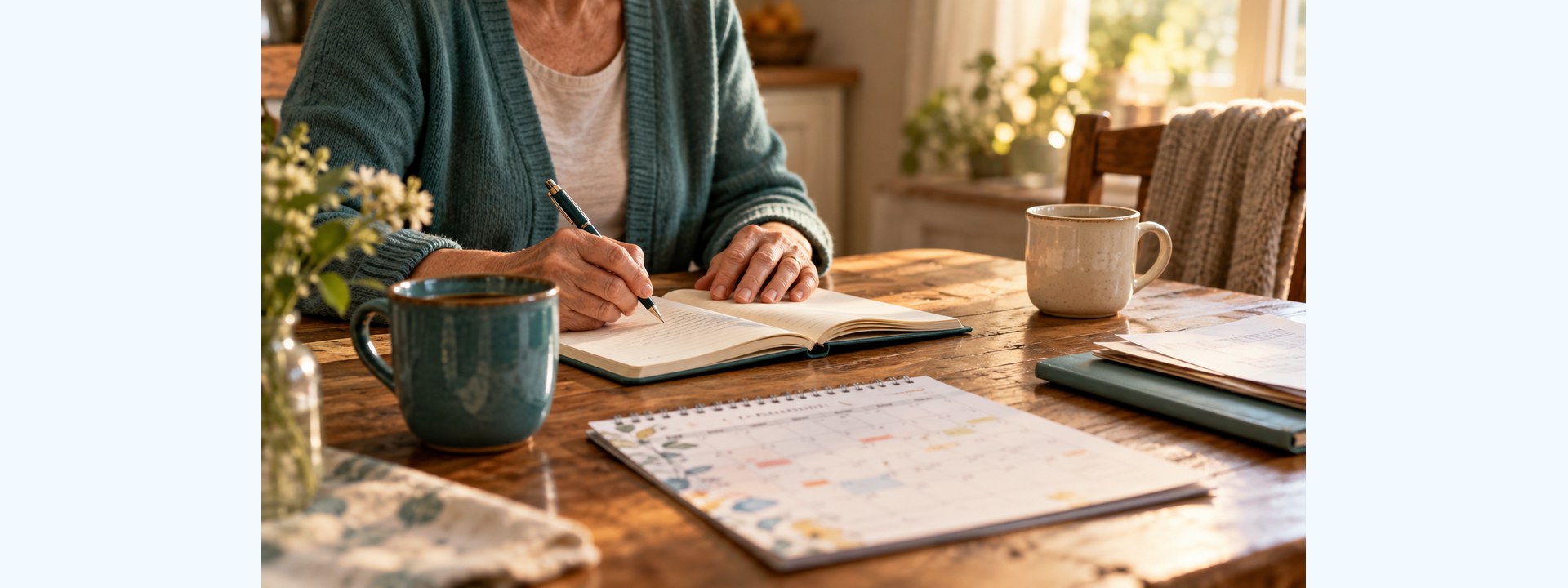 A caregiver writes in a notebook beside a calendar, paperwork folder, and two mugs on a sunlit kitchen table.