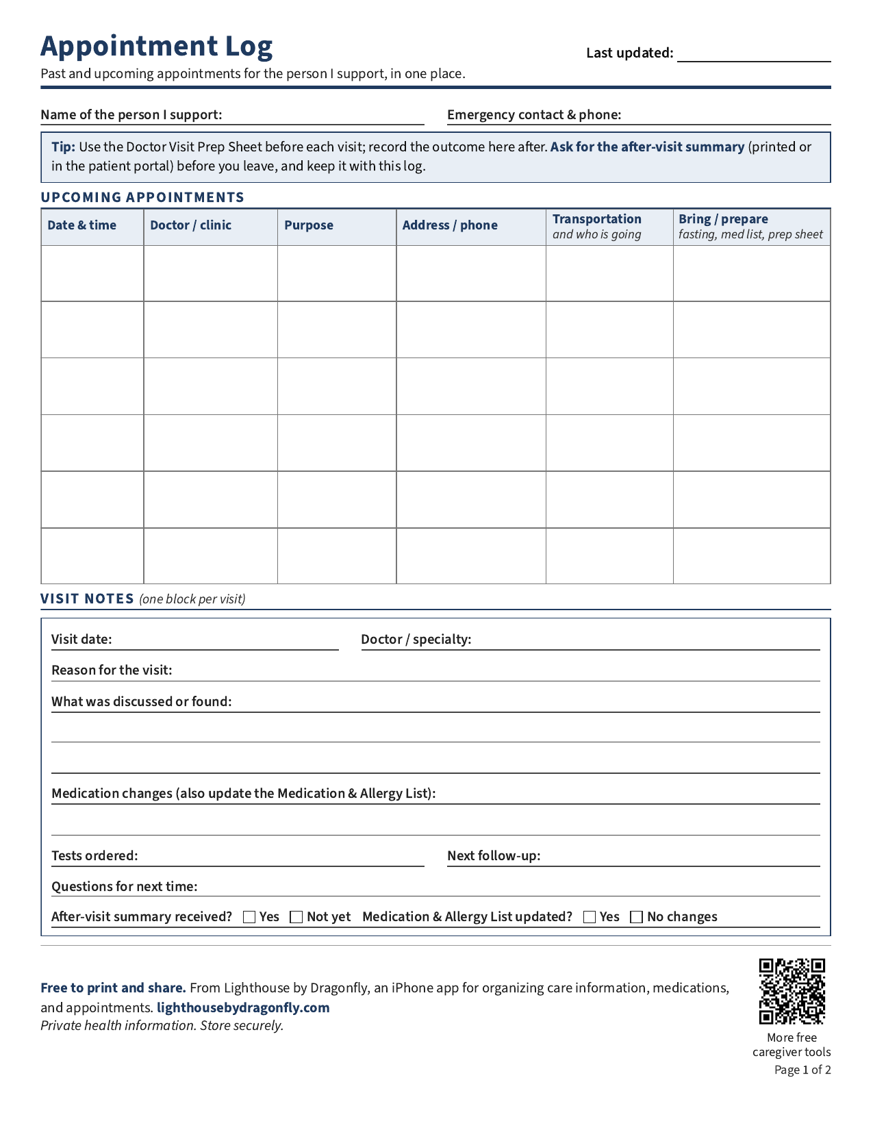 Preview of the two-page Lighthouse Appointment Log caregiver printable