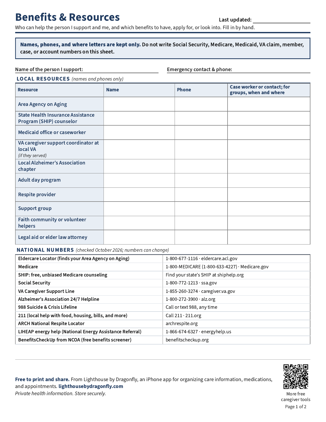 Preview of the two-page Lighthouse Benefits and Resources caregiver printable