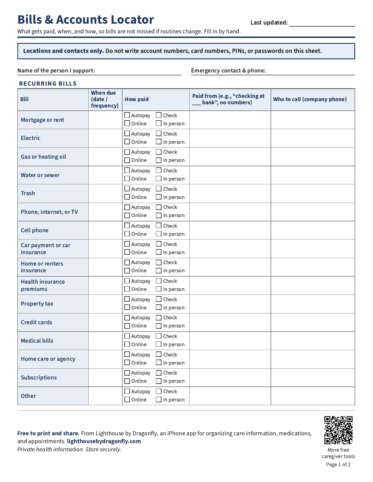 Preview of the two-page Lighthouse Bills and Accounts Locator printable