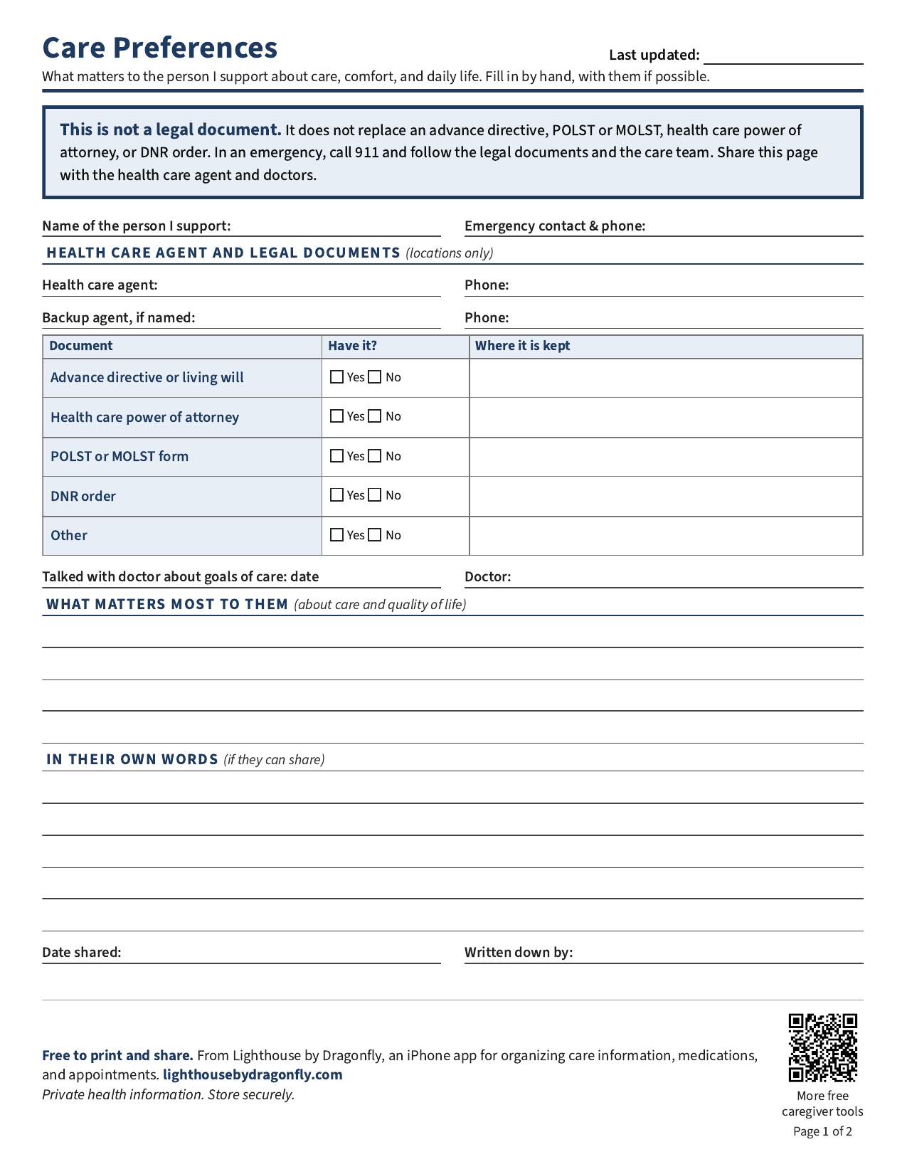 Preview of the two-page Lighthouse Care Preferences printable