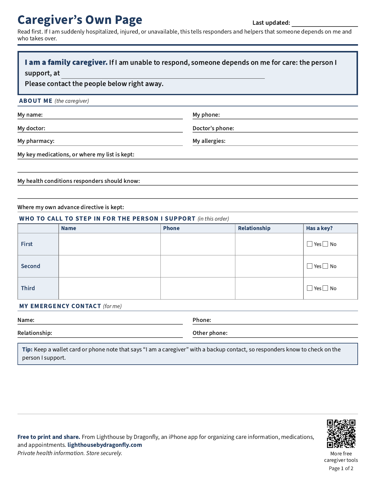 Preview of the two-page Lighthouse Caregiver's Own Page emergency backup printable