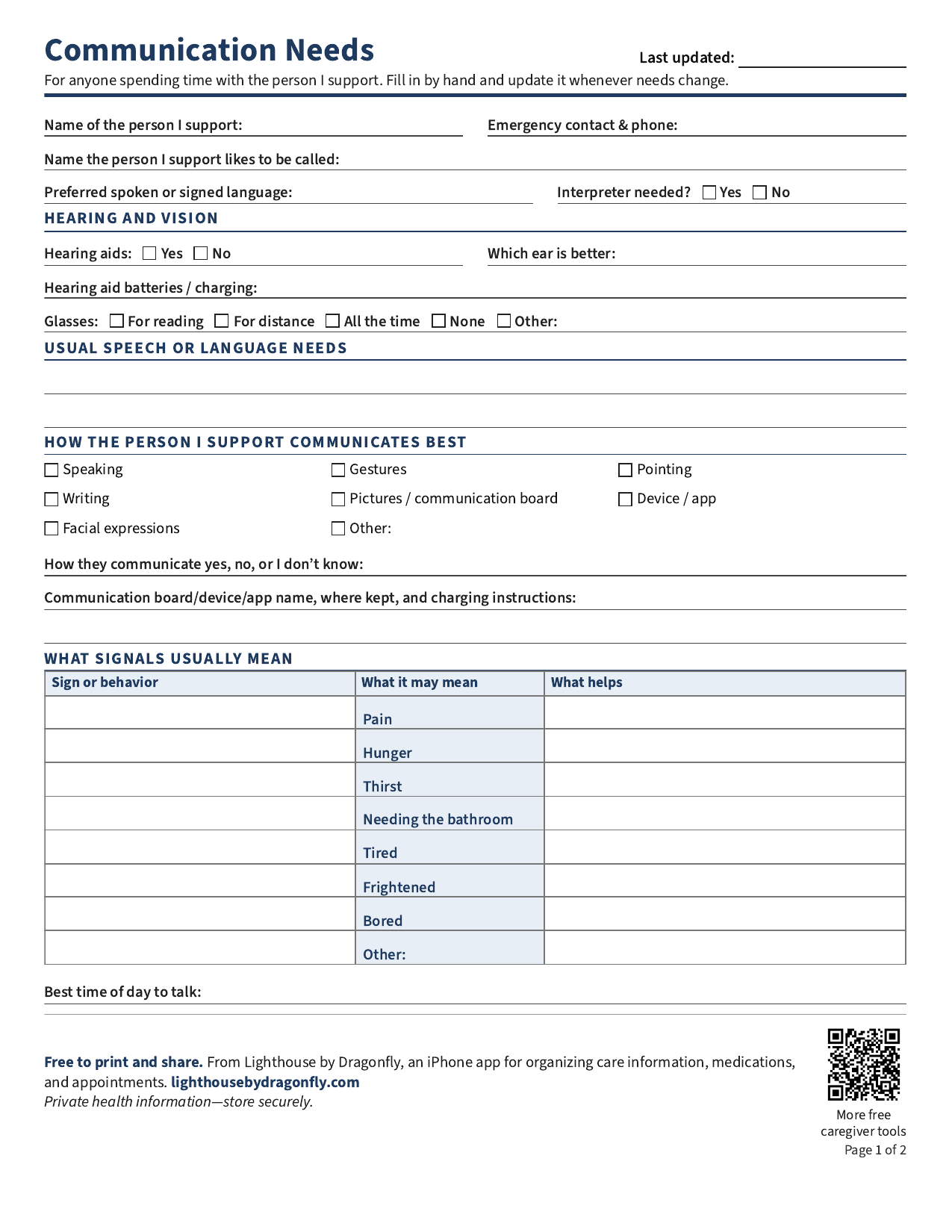 Preview of the two-page Lighthouse Communication Needs printable