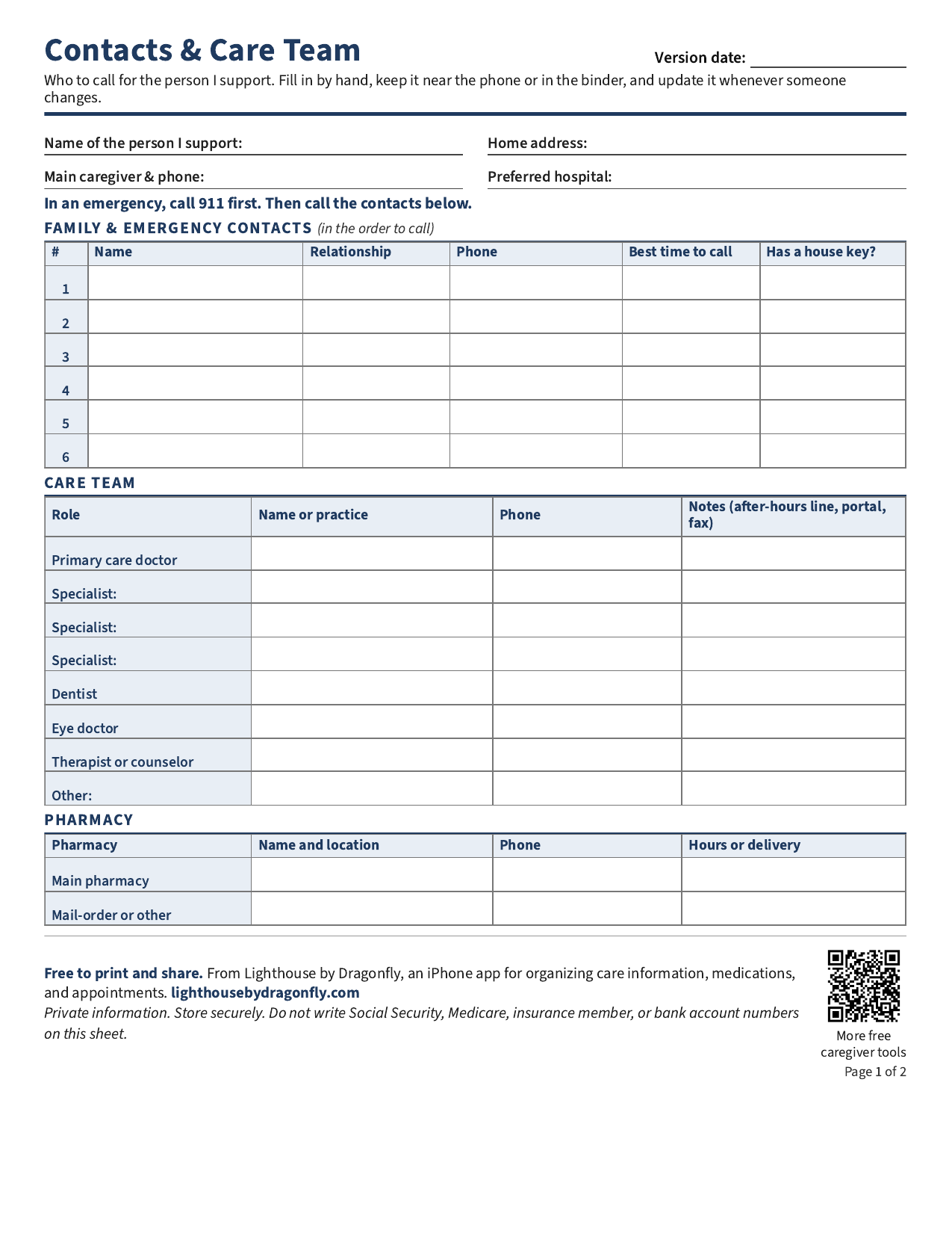 Preview of the two-page Lighthouse Contacts and Care Team printable