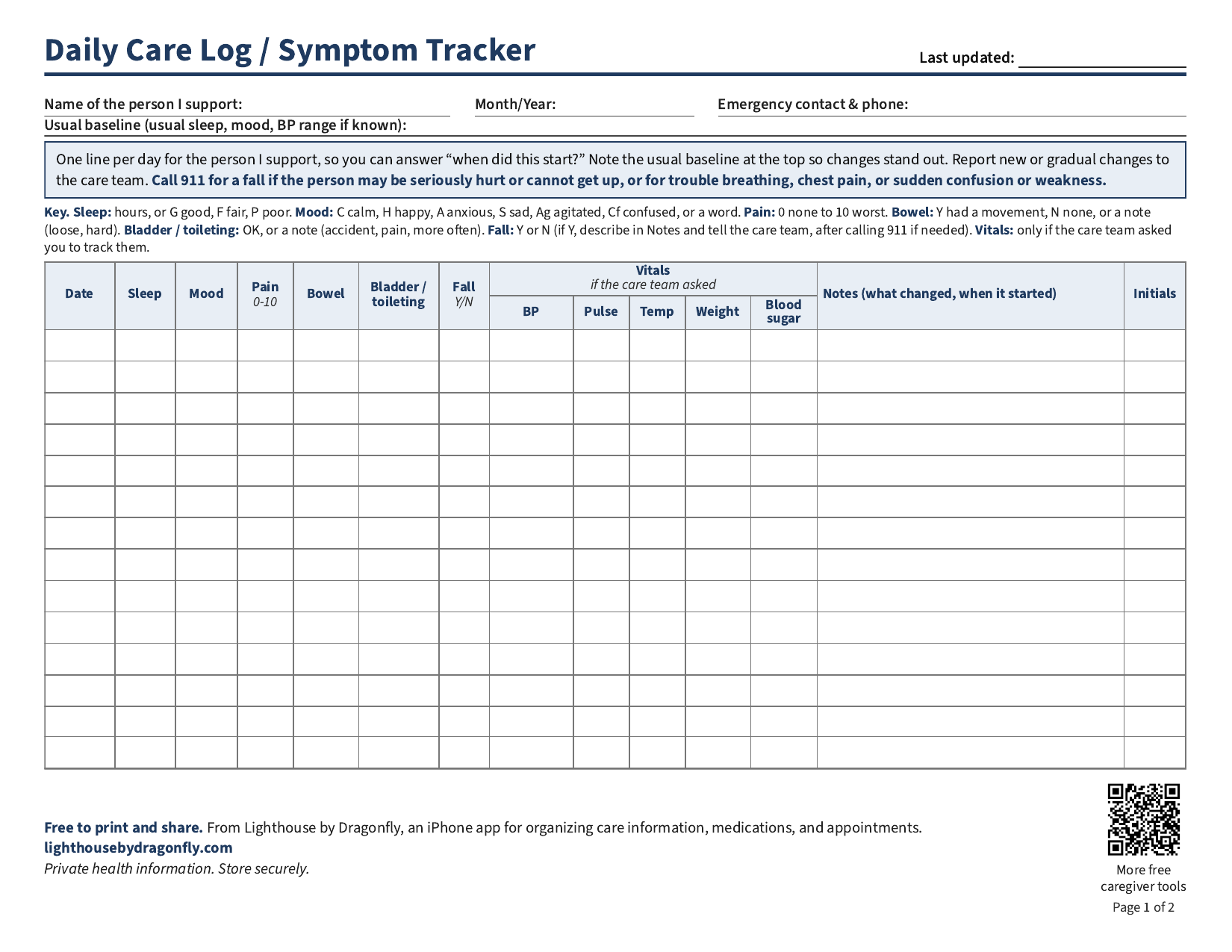 Preview of the two-page landscape Lighthouse Daily Care Log and Symptom Tracker