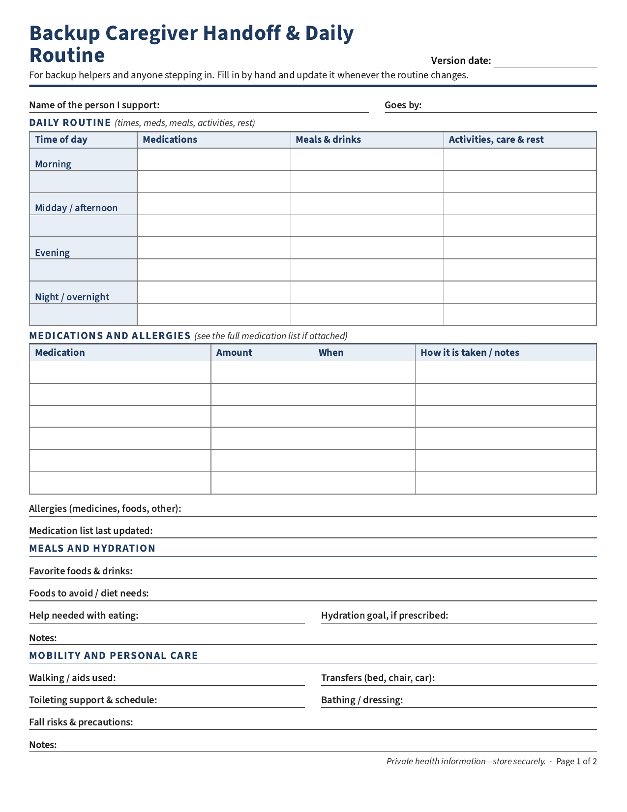 Preview of the two-page Lighthouse Backup Caregiver Handoff and Daily Routine printable