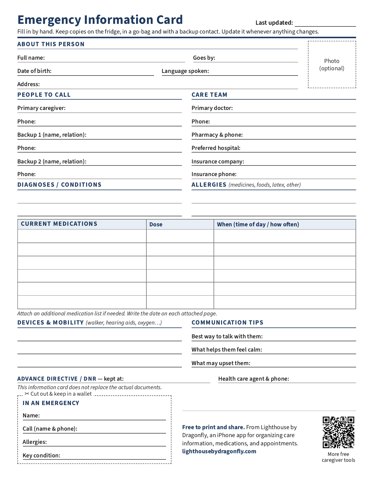 Preview of the one-page Lighthouse Emergency Information Card with spaces for contacts, care team, medicines, allergies, mobility needs, and communication tips