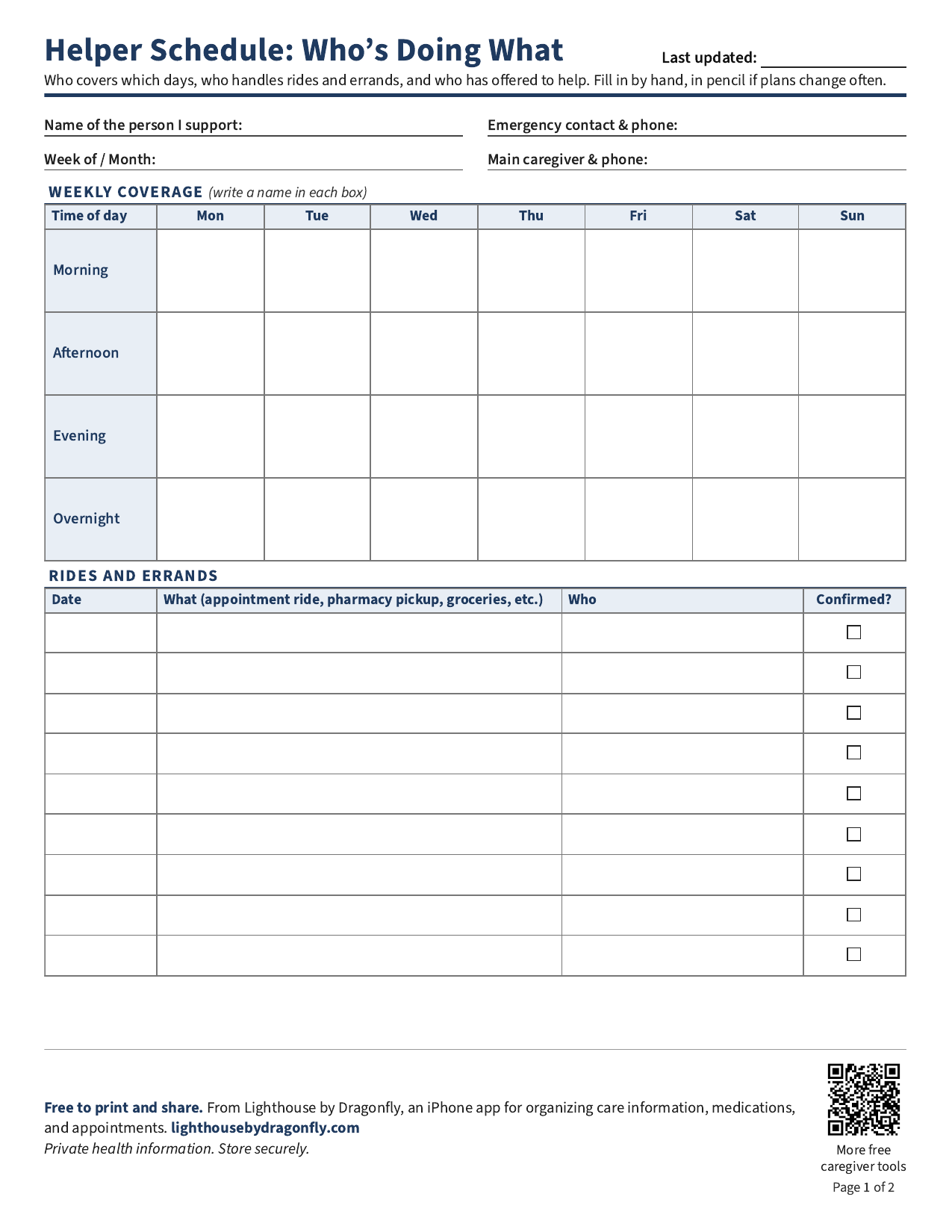 Preview of the two-page Lighthouse Helper Schedule caregiver printable