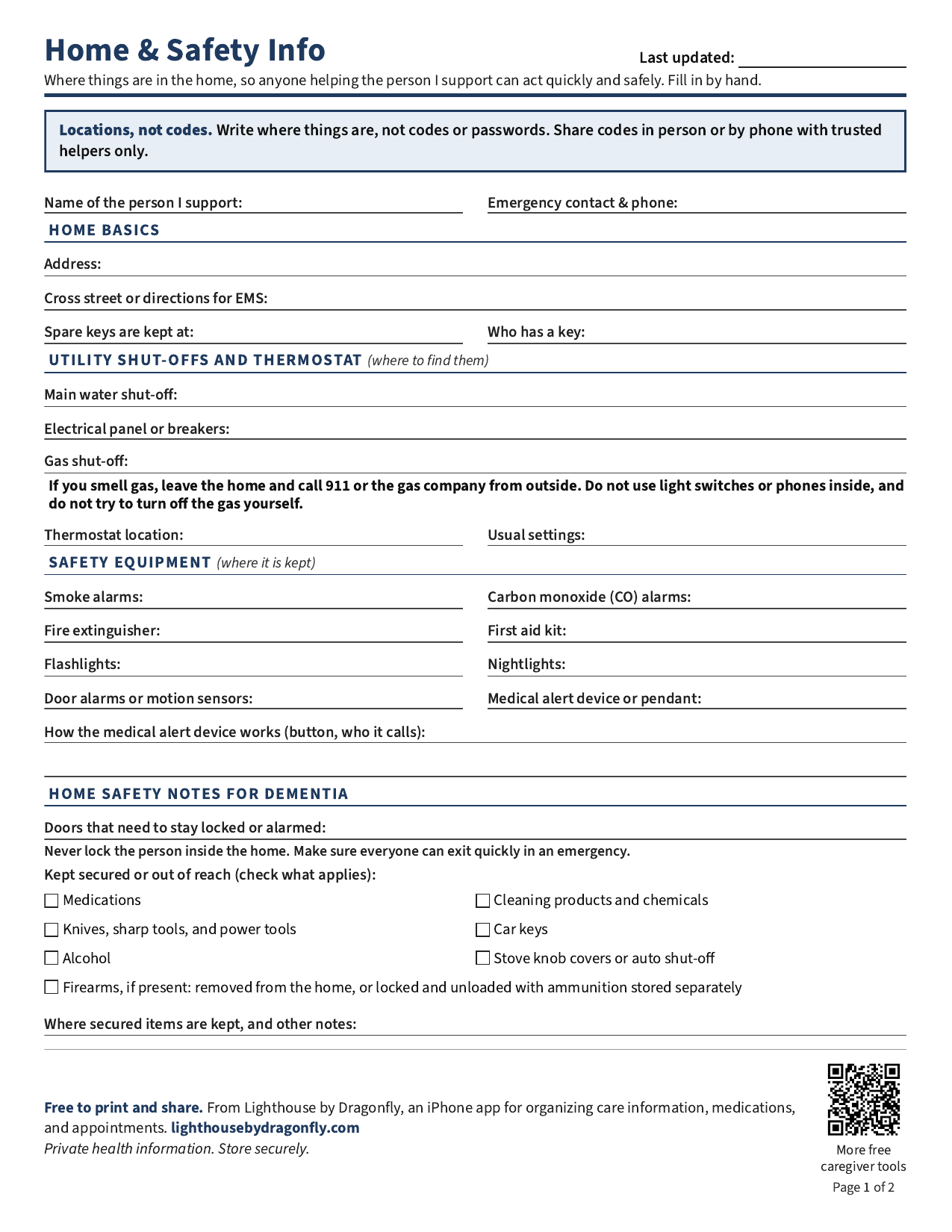Preview of the two-page Lighthouse Home and Safety Information printable