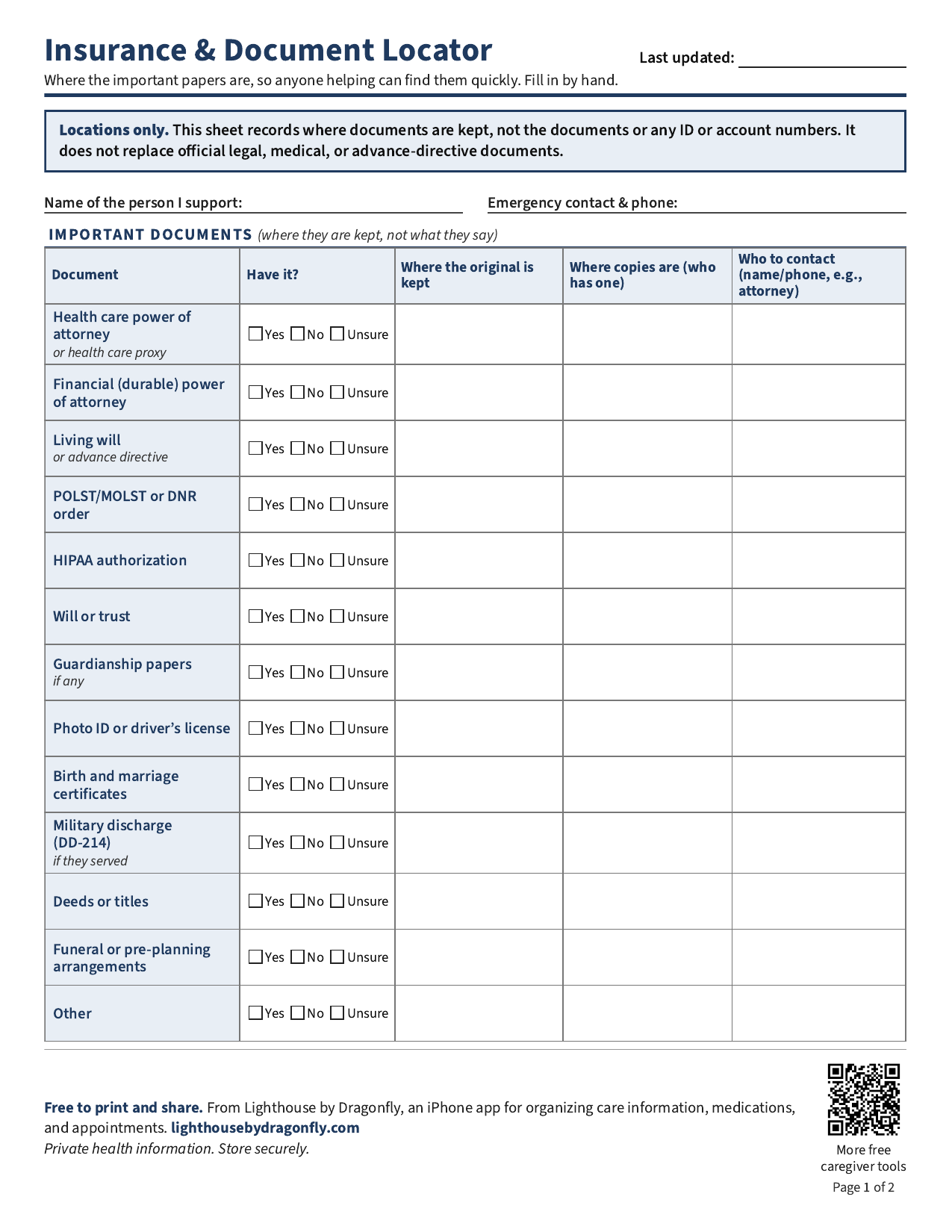 Preview of the two-page Lighthouse Insurance and Document Locator printable