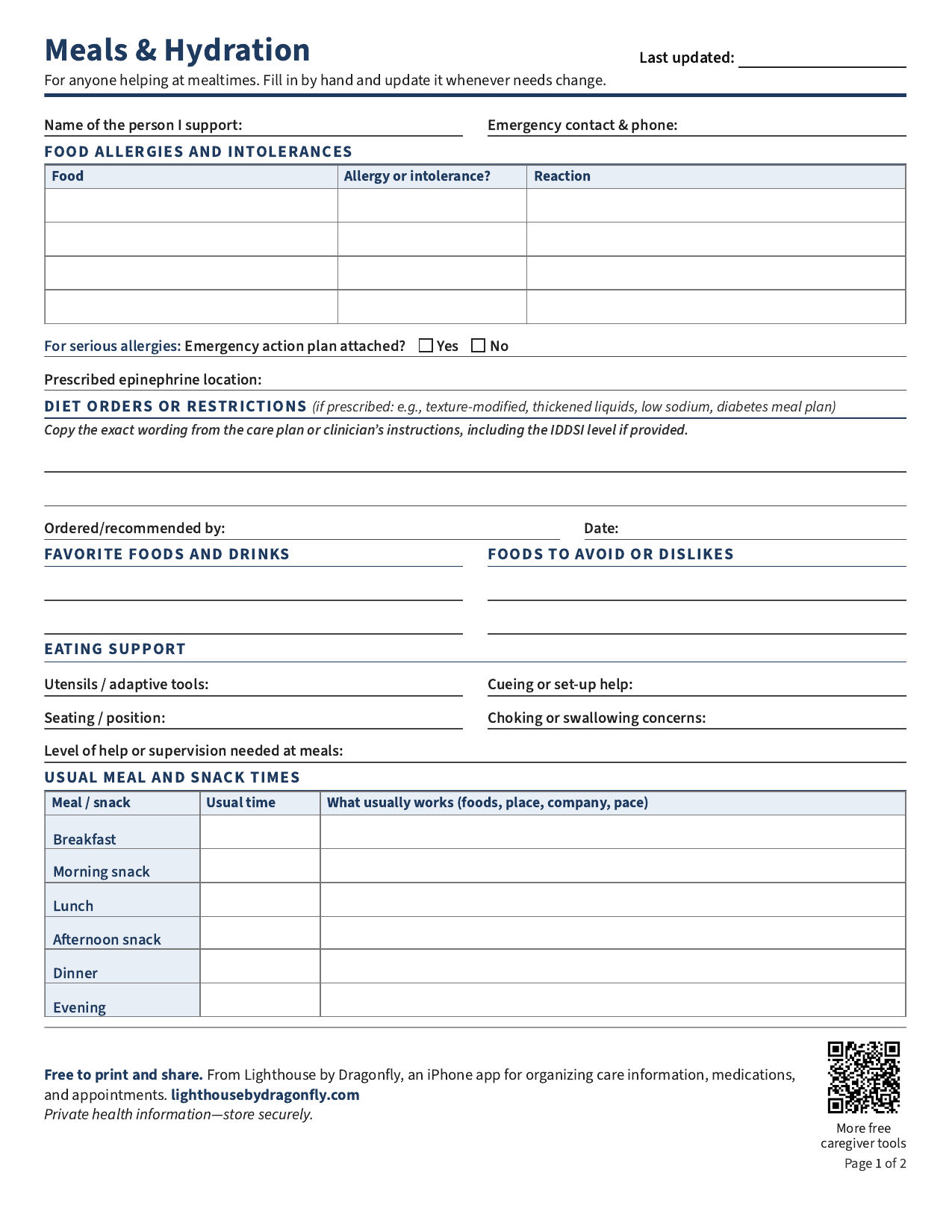 Preview of the two-page Lighthouse Meals and Hydration printable