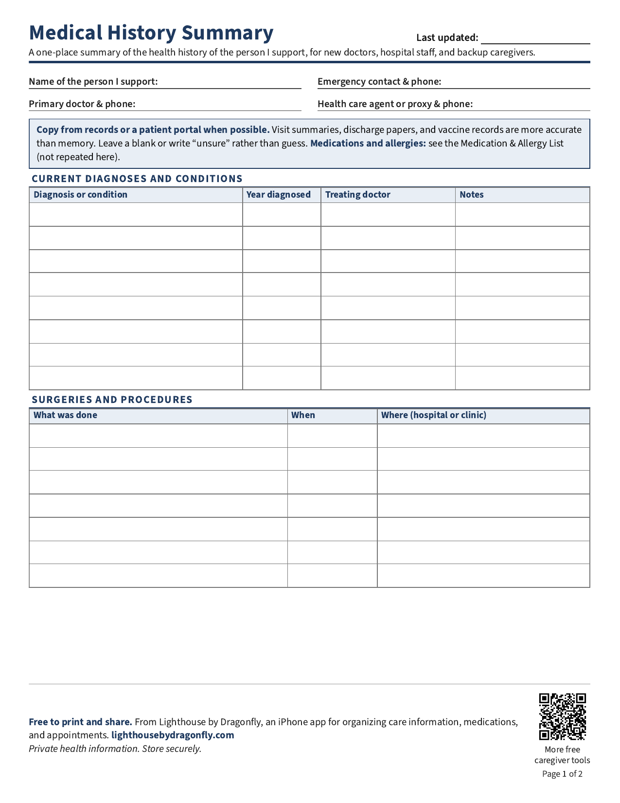 Preview of the two-page Lighthouse Medical History Summary printable