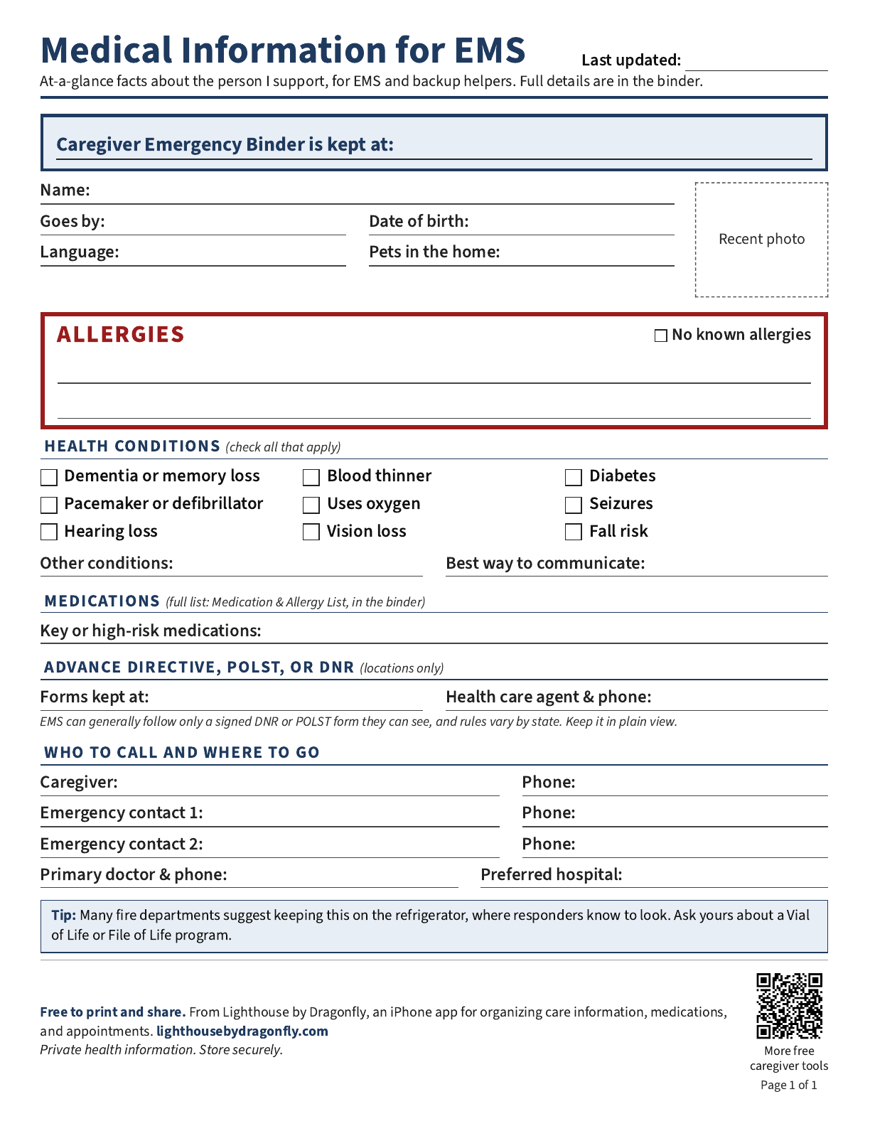 Preview of the one-page Lighthouse Medical Information for EMS refrigerator sheet