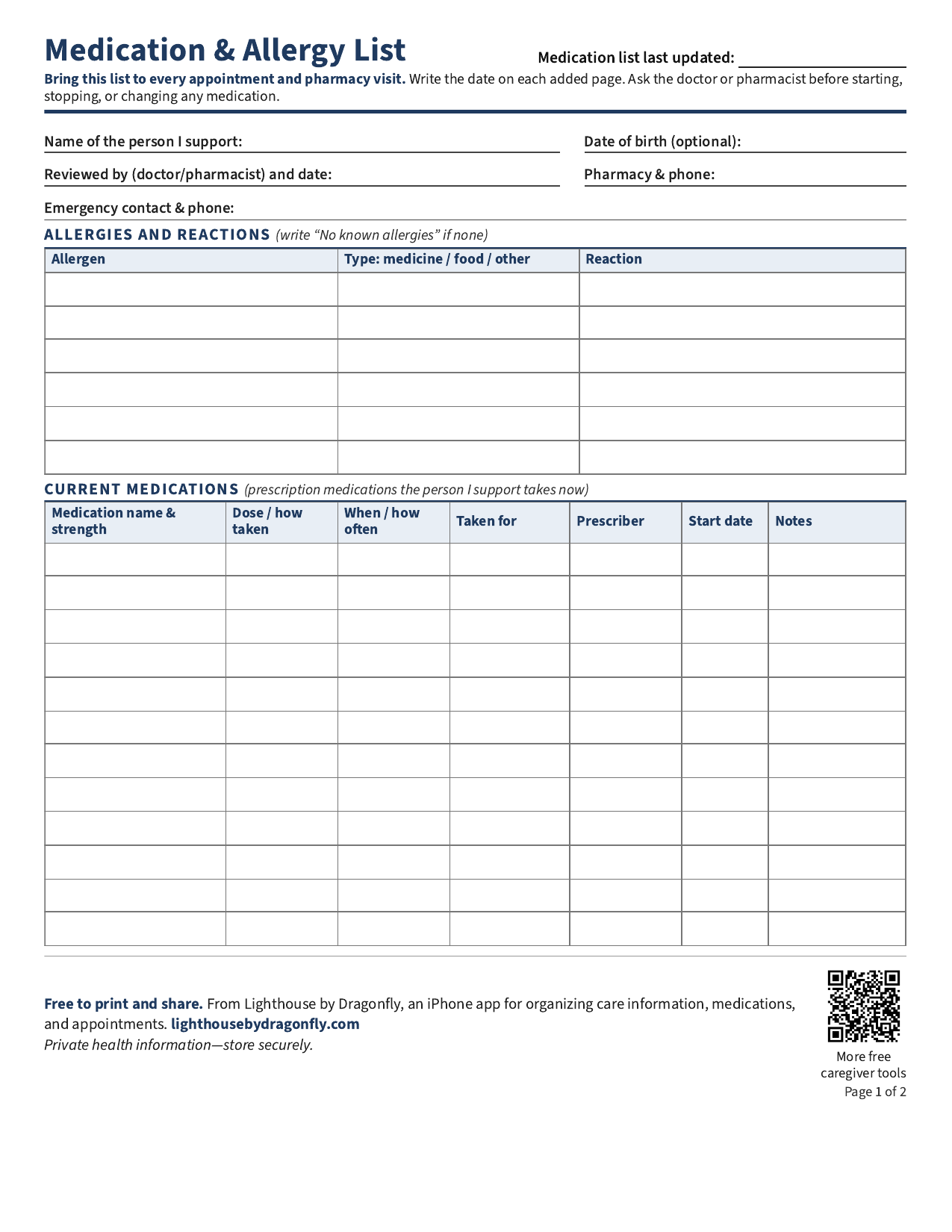 Preview of the two-page Lighthouse Medication and Allergy List