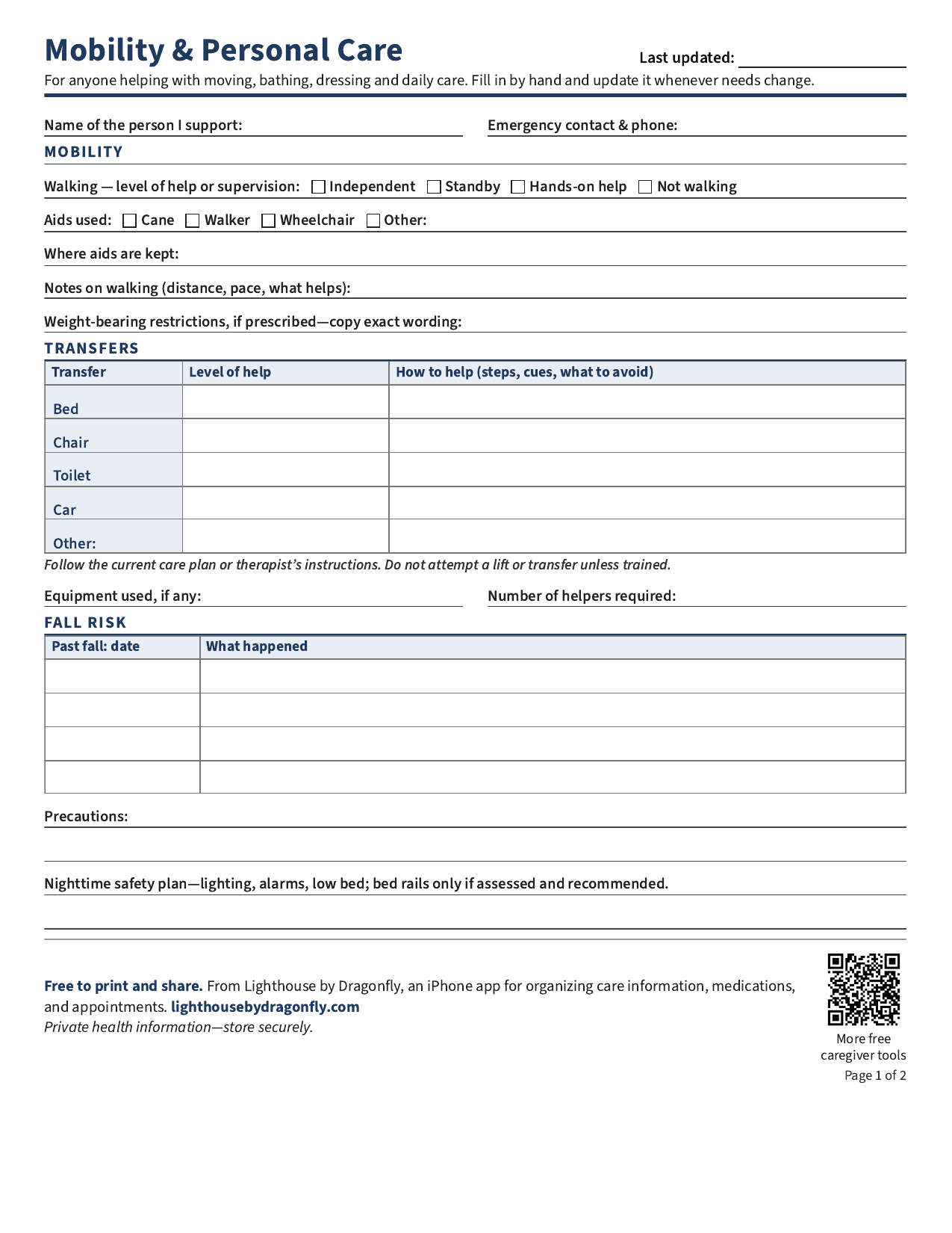 Preview of the two-page Lighthouse Mobility and Personal Care printable