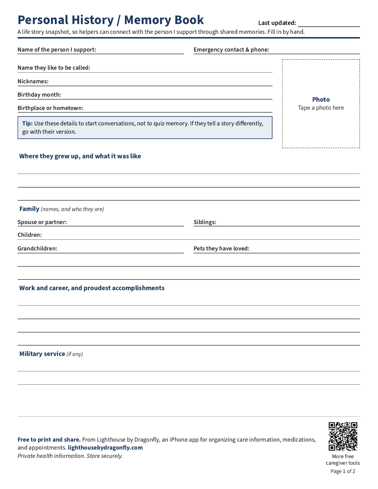 Preview of the two-page Lighthouse Personal History and Memory Book printable