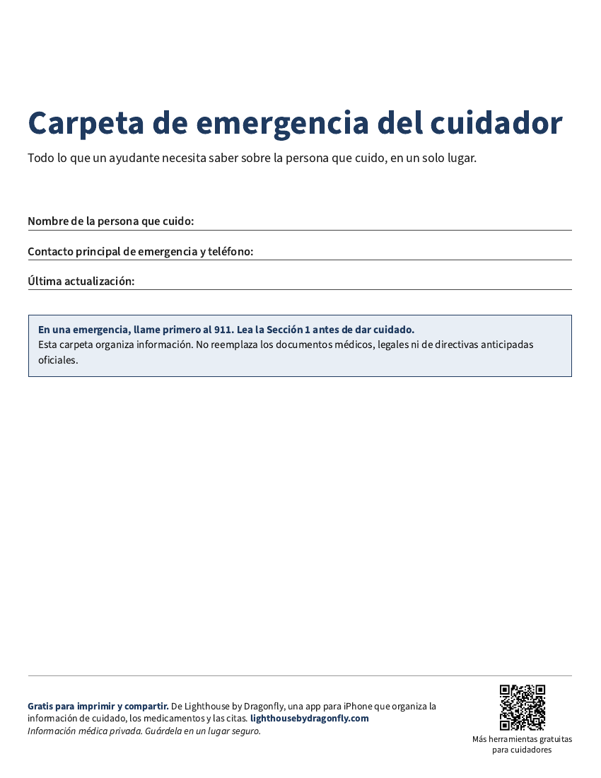 Vista previa de la Carpeta de emergencia del cuidador