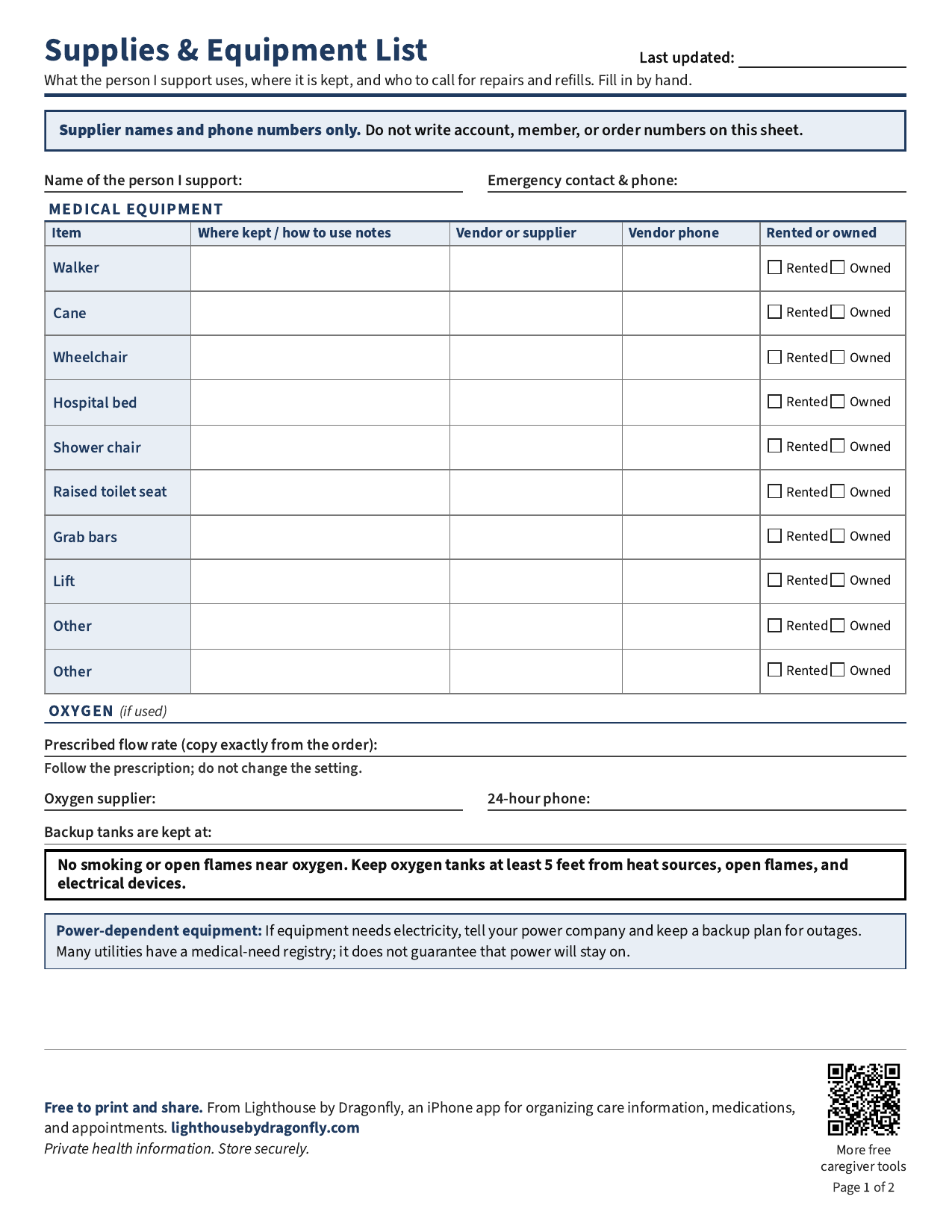 Preview of the two-page Lighthouse Supplies and Equipment List printable
