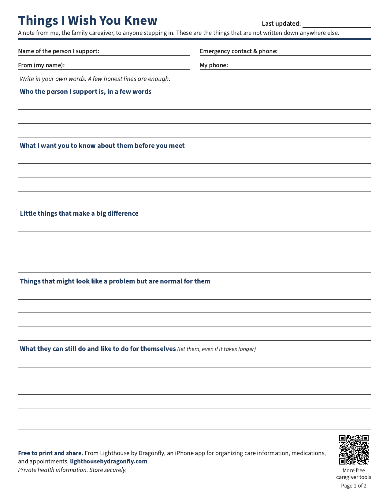 Preview of the two-page Lighthouse Things I Wish You Knew caregiver printable