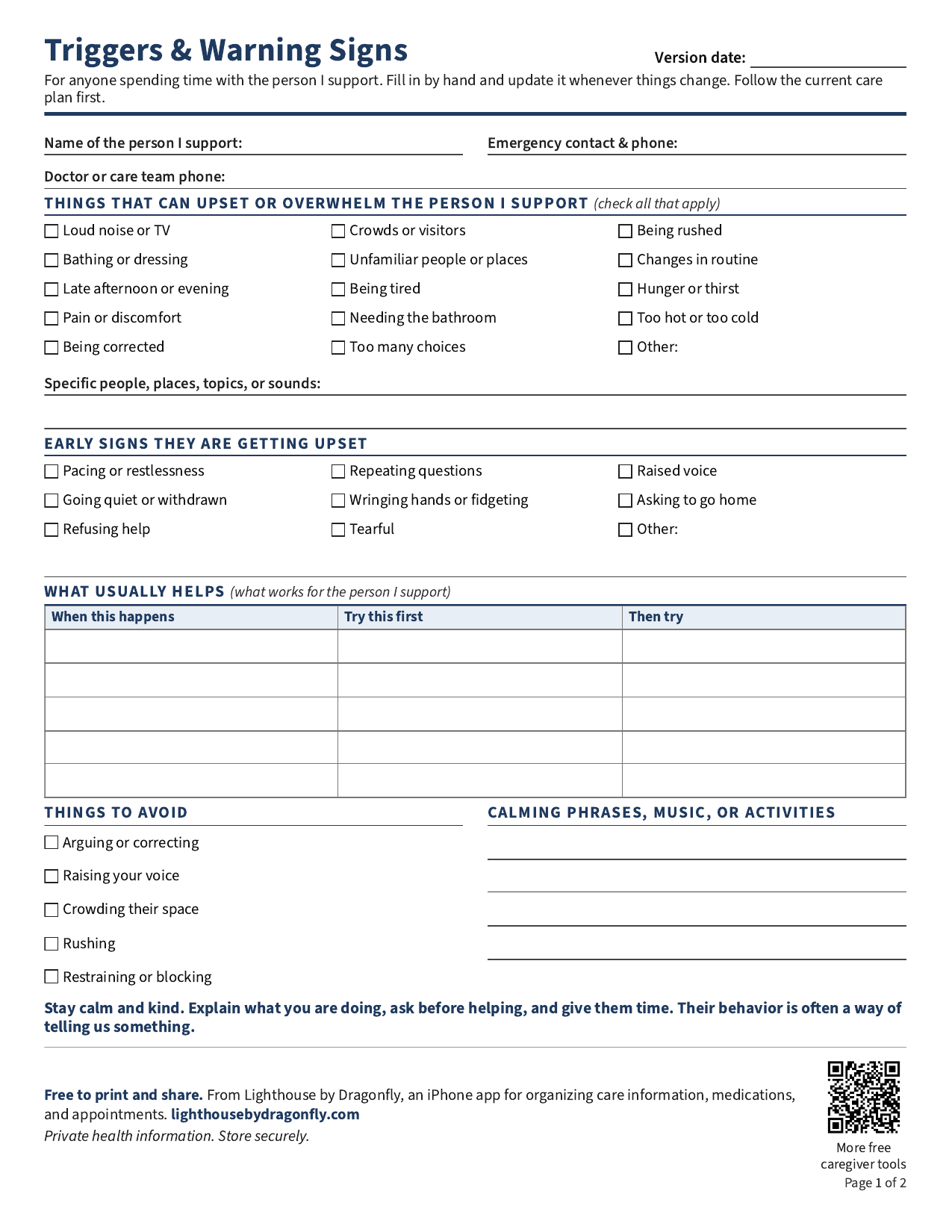 Preview of the two-page Lighthouse Triggers and Warning Signs caregiver printable