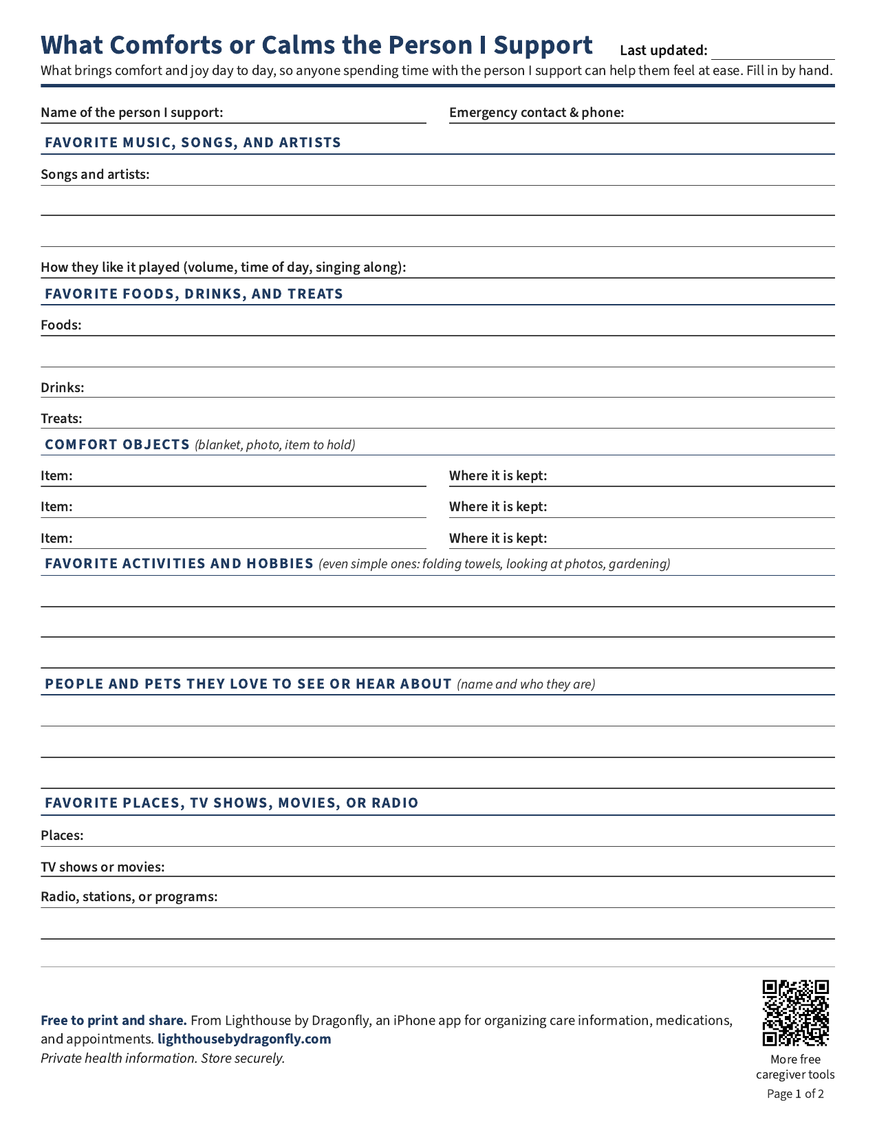 Preview of the two-page Lighthouse Comforts or Calms caregiver printable